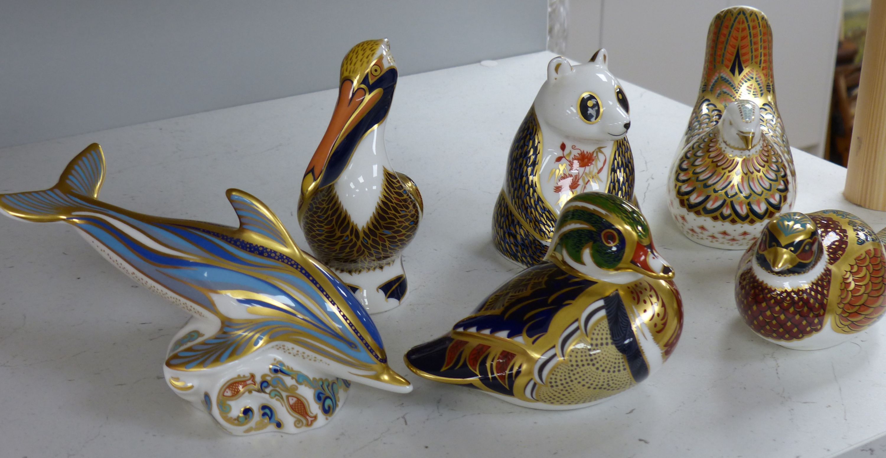 Six Royal Crown Derby animal and bird paperweights